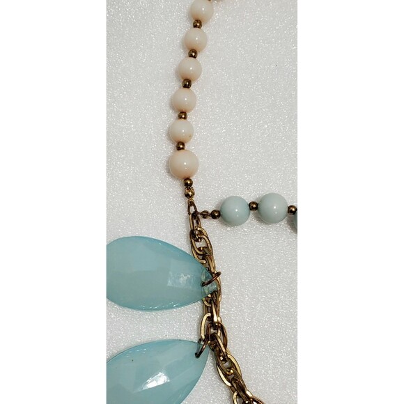 Statement Necklace & Earrings Set – Aqua Blue Teardrop Beads, Cream Floral... - Picture 6 of 13